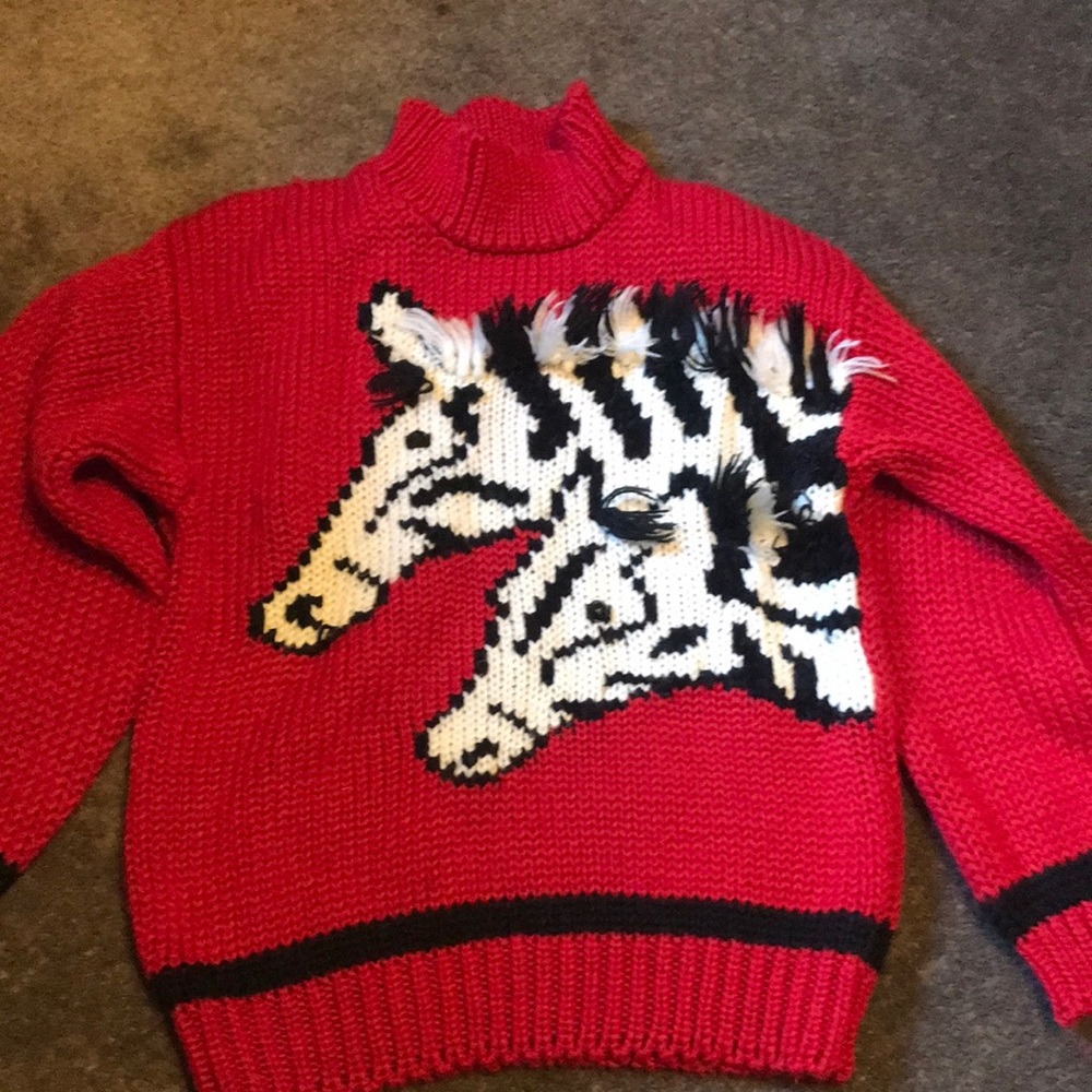 Evian II Red Sweater with Zebra Design knitted by hand vintage